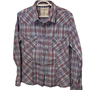 Women’s Panhandle Slim Red and Blue Plaid Pearl Snap Shirt Size Large